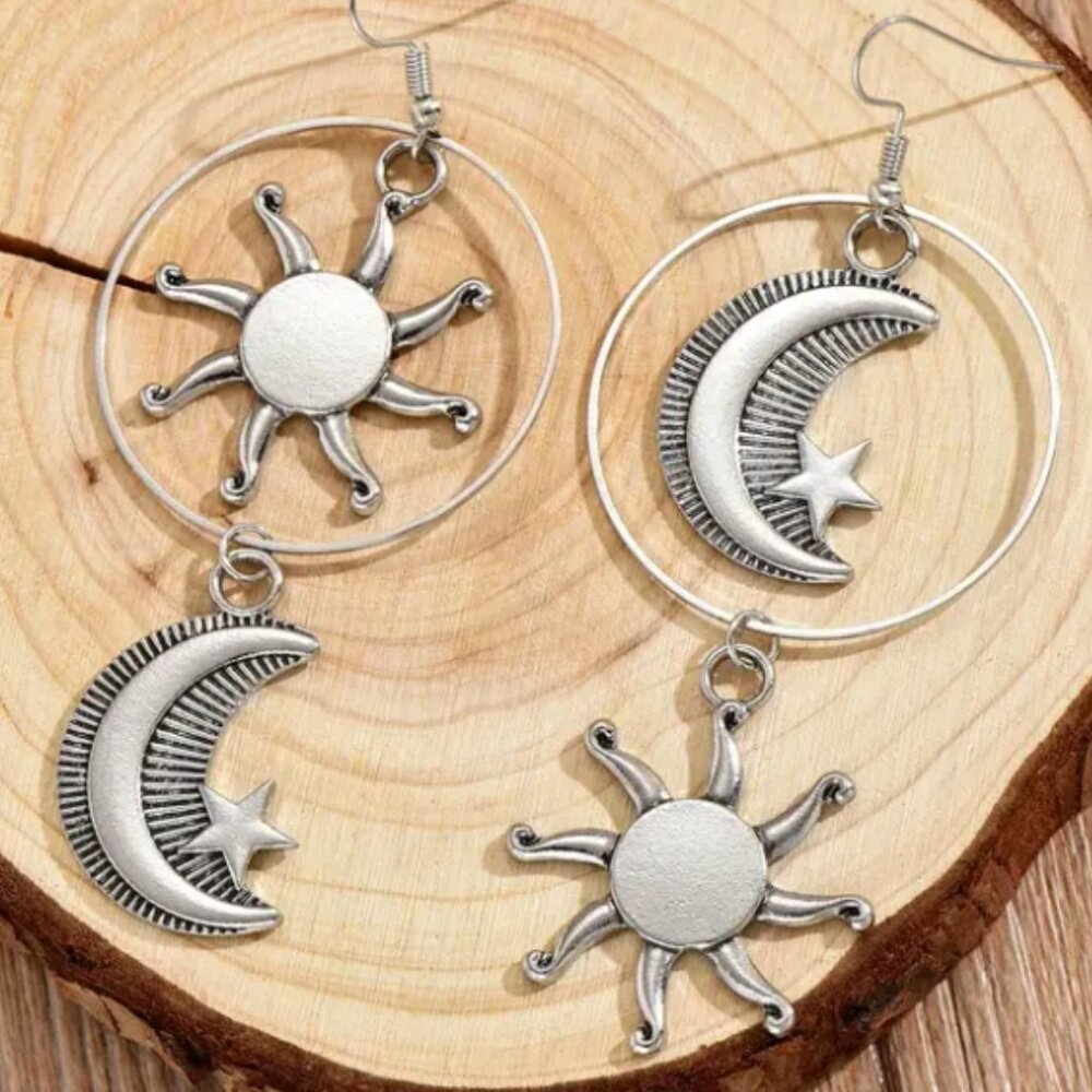 Vintage Bohemian Style - Aged Silver Sun Moon Star Celestial Drop Earrings
